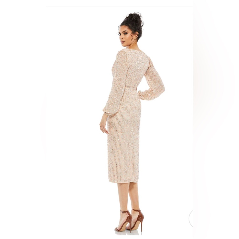 Mac Duggal SEQUINED ILLUSION PUFF SLEEVE V NECK MIDI DRESS, size 14 - Picture 2 of 12